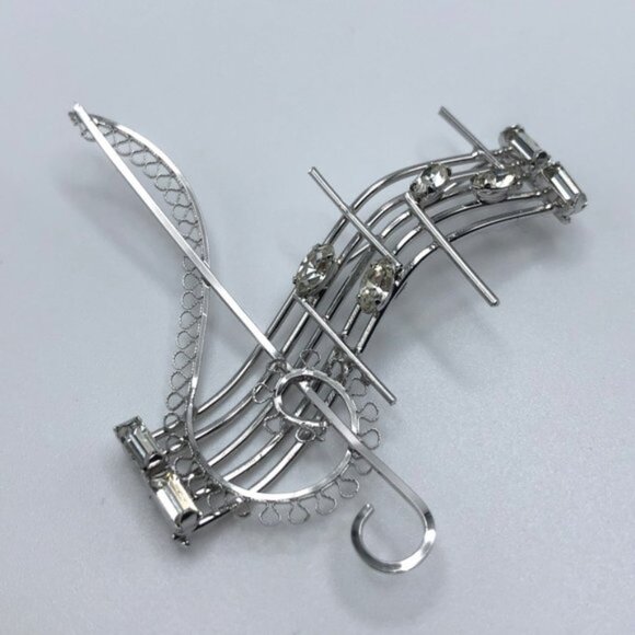 Vintage Music Notes Staff Sterling Silver Rhinestone Brooch Pin Signed JF - Picture 2 of 5